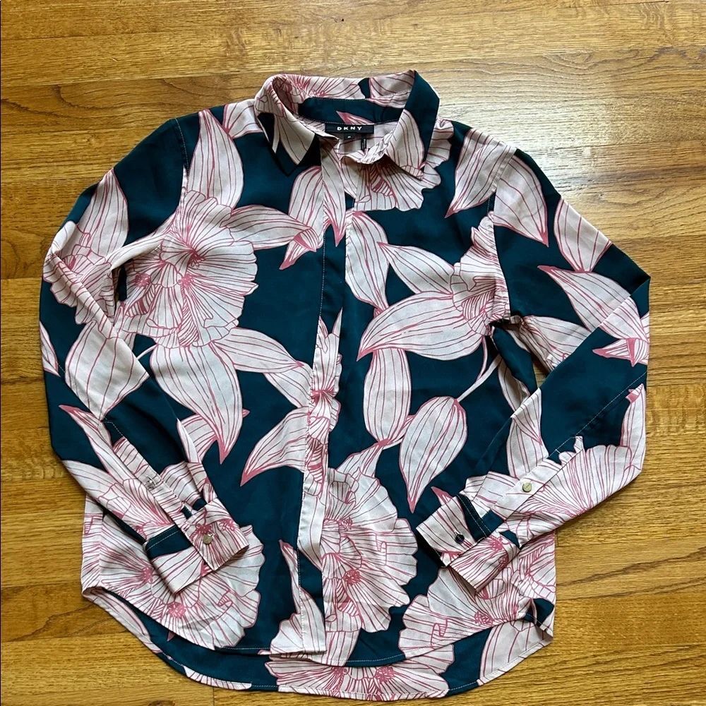 DKNY Women's Floral Blouse - Green and Pink